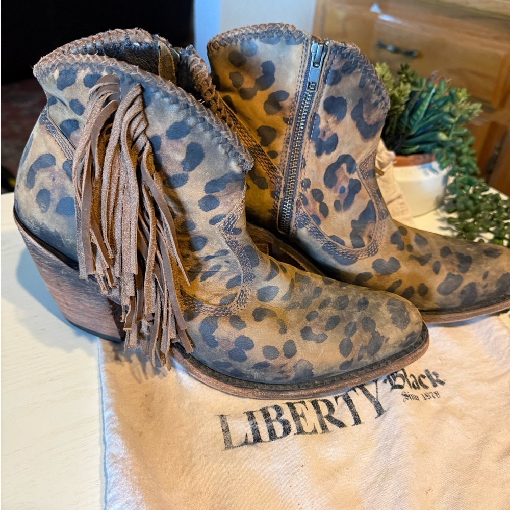 Liberty Black Leopard Print Fringe Ankle Boots